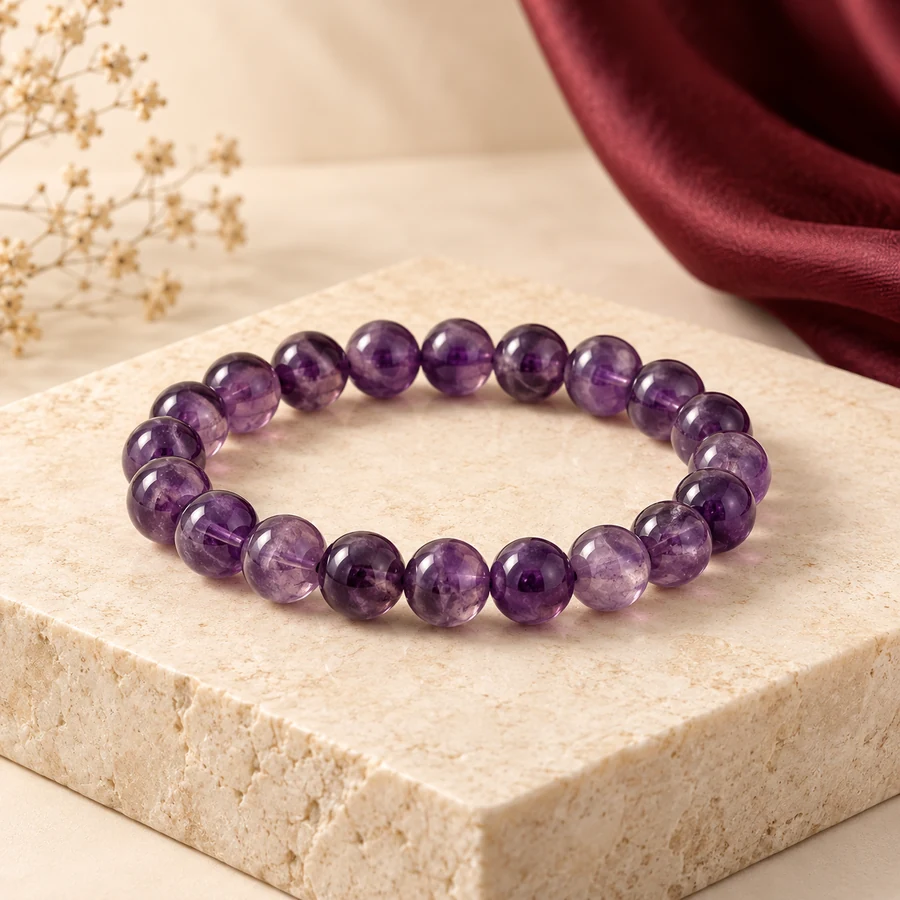 Amethyst Crystal Bracelet — Polished Round Beads — full product view; original illustrative product photography