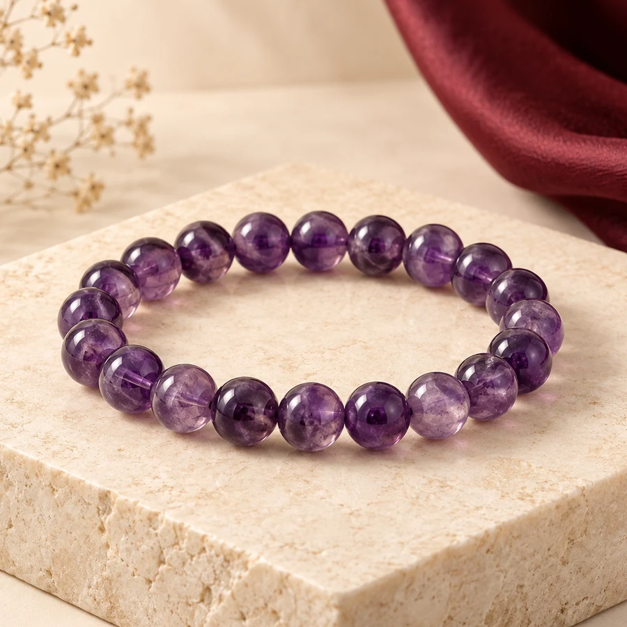 Amethyst Crystal Bracelet — Polished Round Beads — closer product detail; original illustrative product photography