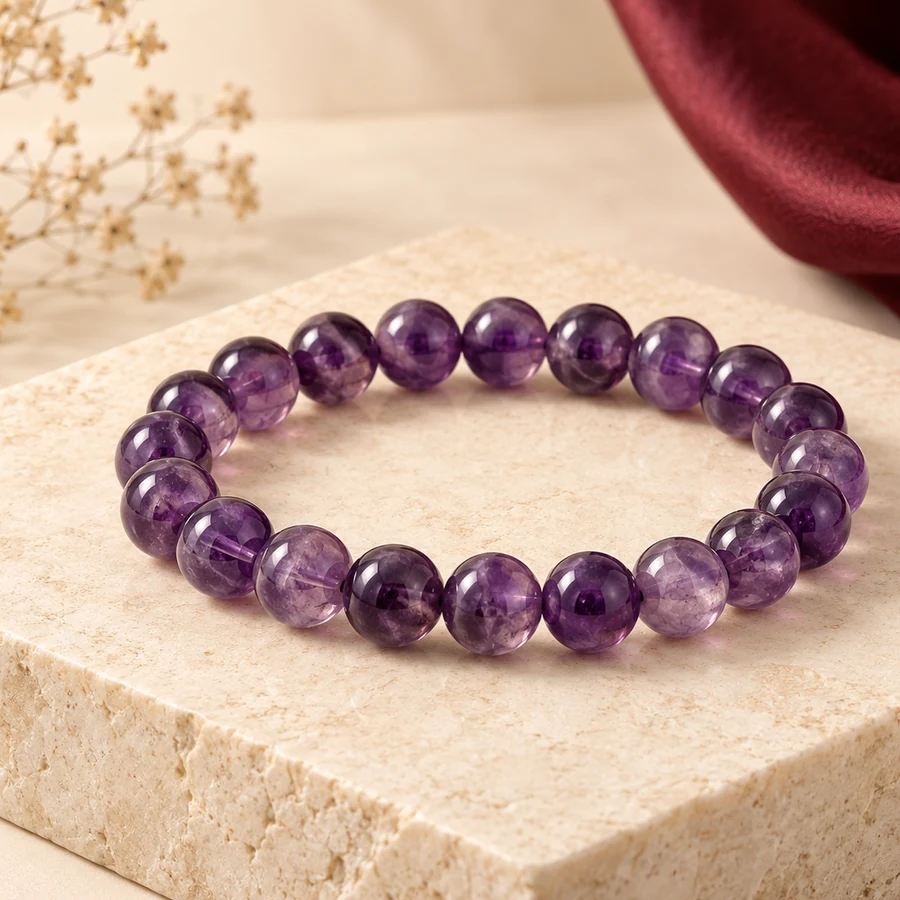 Amethyst Crystal Bracelet — Polished Round Beads — left-framed detail; original illustrative product photography