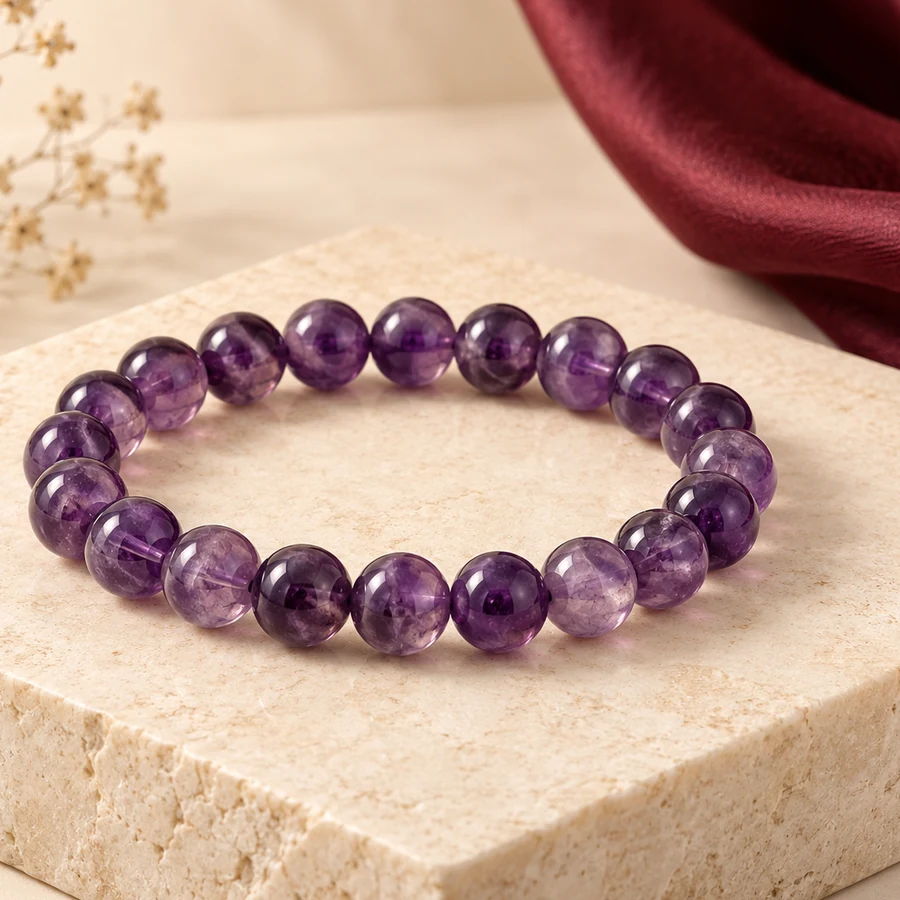 Amethyst Crystal Bracelet — Polished Round Beads — right-framed detail; original illustrative product photography