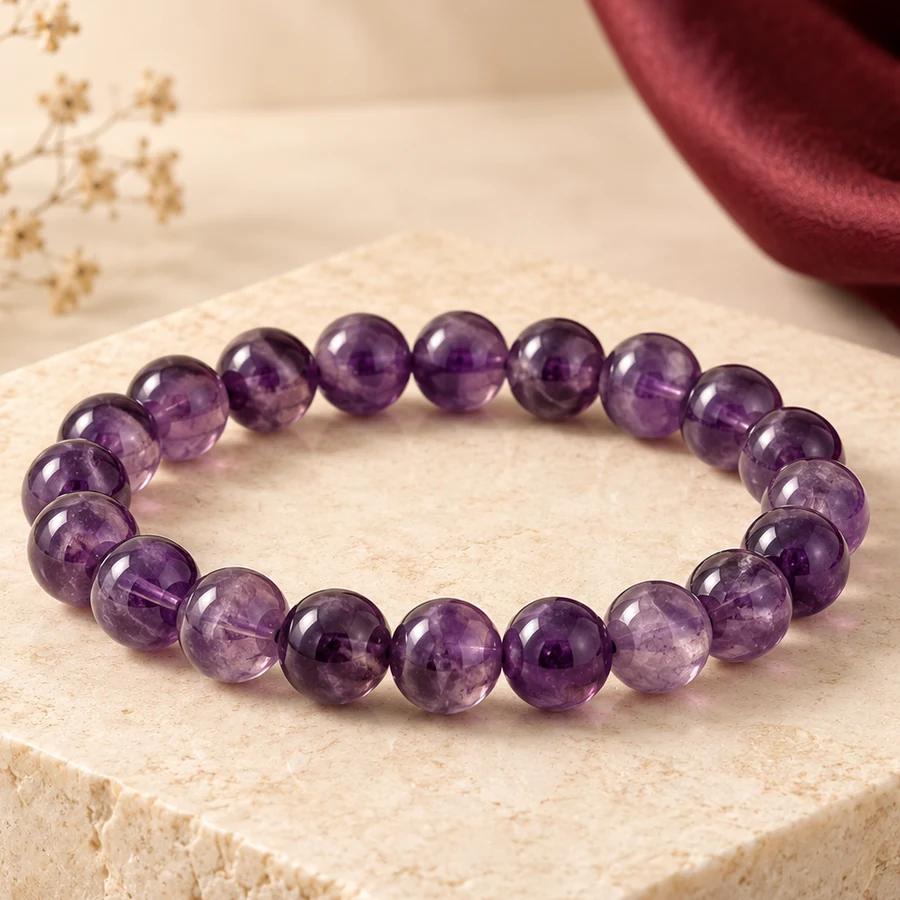 Amethyst Crystal Bracelet — Polished Round Beads — macro material detail; original illustrative product photography
