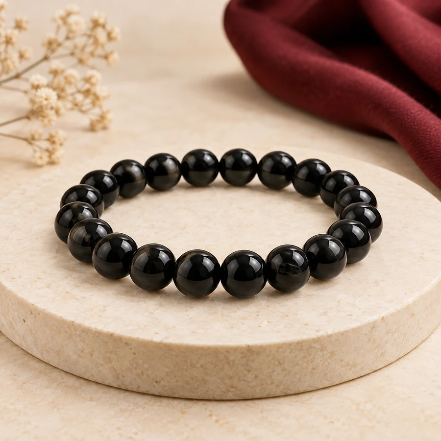Black Obsidian Bracelet — Polished Glassy Beads — full product view; original illustrative product photography