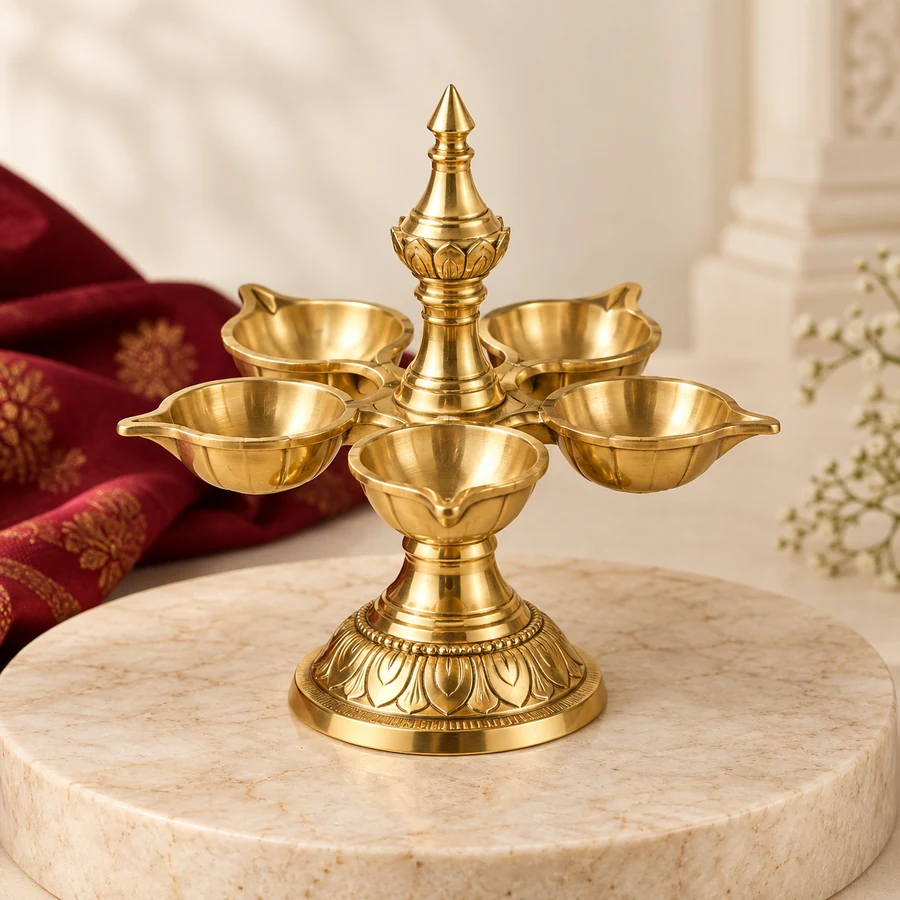 Brass Panchmukhi Diya — Five-Wick Puja Lamp — view 1 Brass Panchmukhi Diya — Five-Wick Puja Lamp — full product view; original illustrative product photography