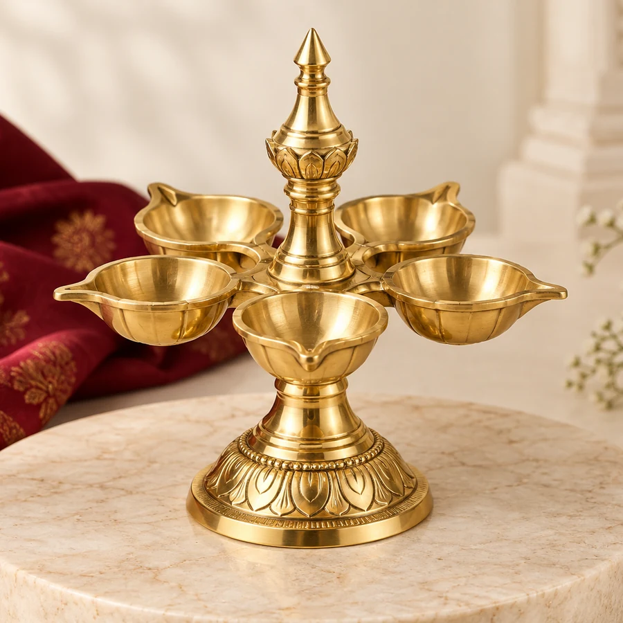 Brass Panchmukhi Diya — Five-Wick Puja Lamp — closer product detail; original illustrative product photography