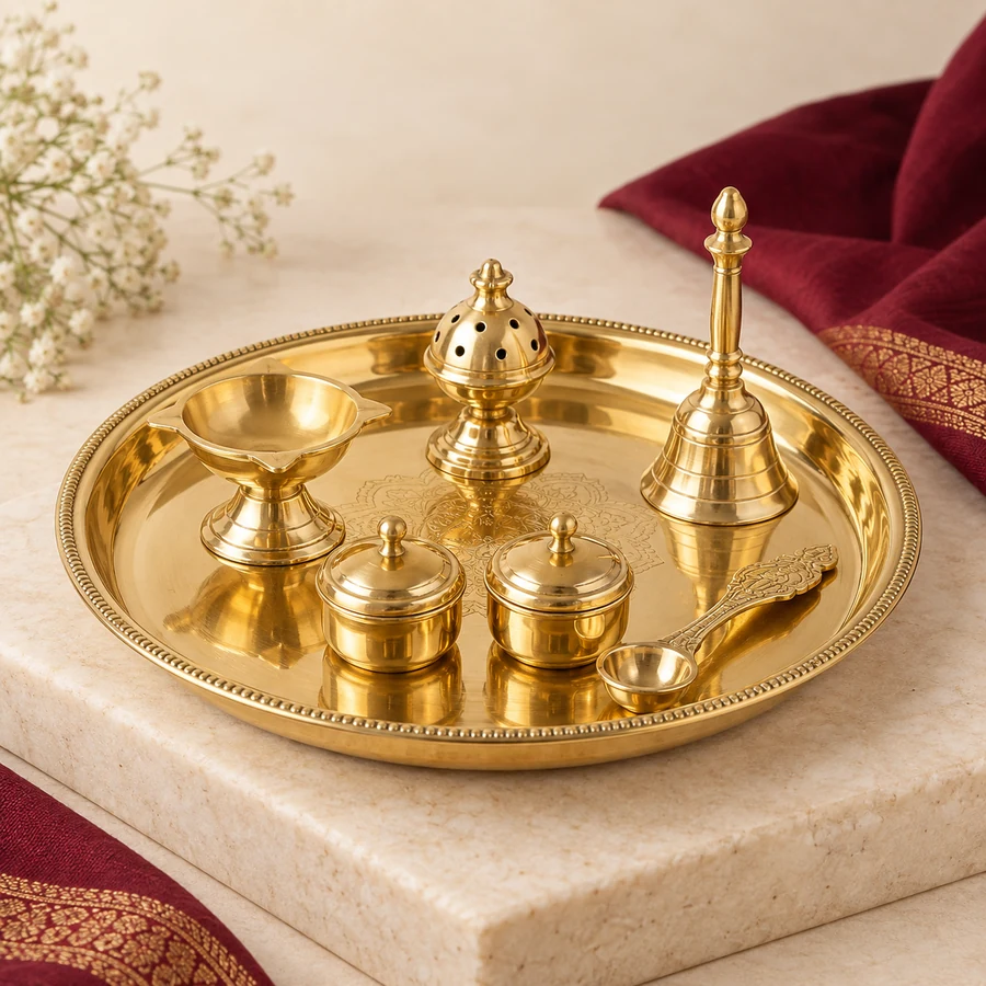 Brass Pooja Thali Set — Coordinated Ritual Pieces — view 1 Brass Pooja Thali Set — Coordinated Ritual Pieces — full product view; original illustrative product photography
