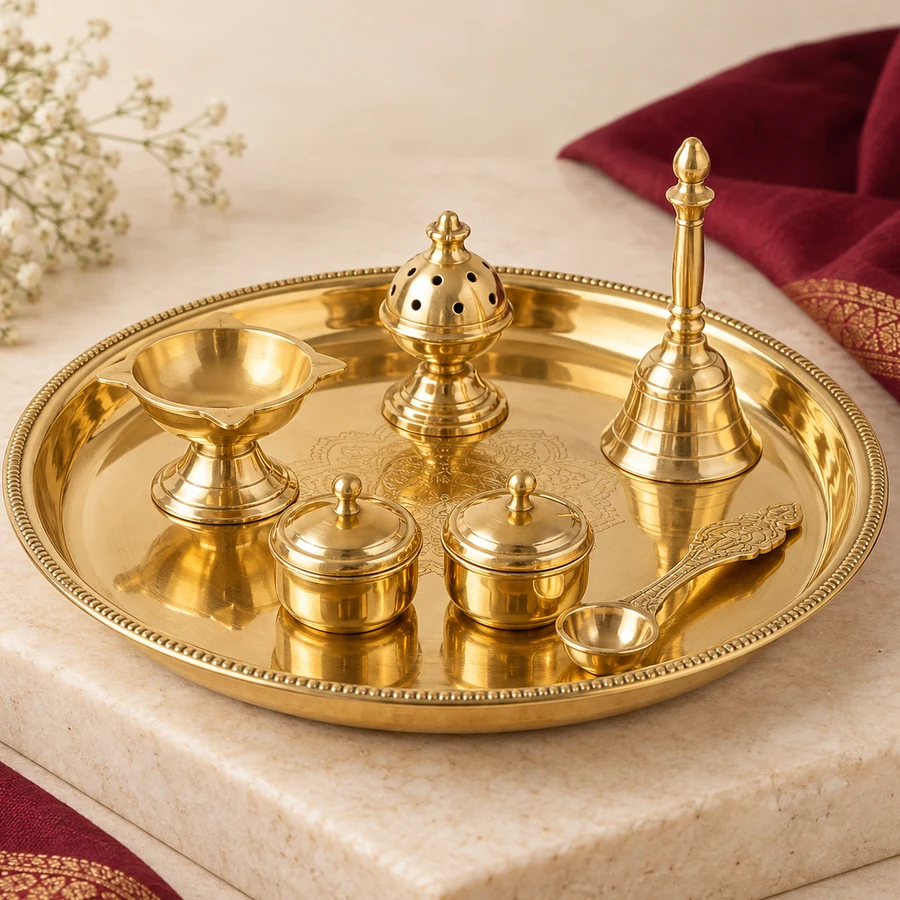 Brass Pooja Thali Set — Coordinated Ritual Pieces — closer product detail; original illustrative product photography