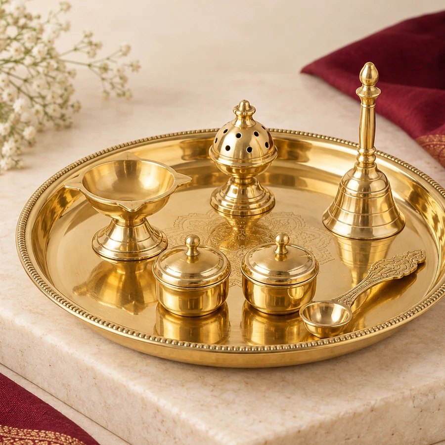 Brass Pooja Thali Set — Coordinated Ritual Pieces — left-framed detail; original illustrative product photography