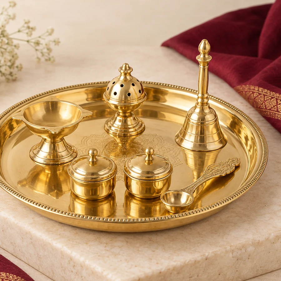 Brass Pooja Thali Set — Coordinated Ritual Pieces — right-framed detail; original illustrative product photography