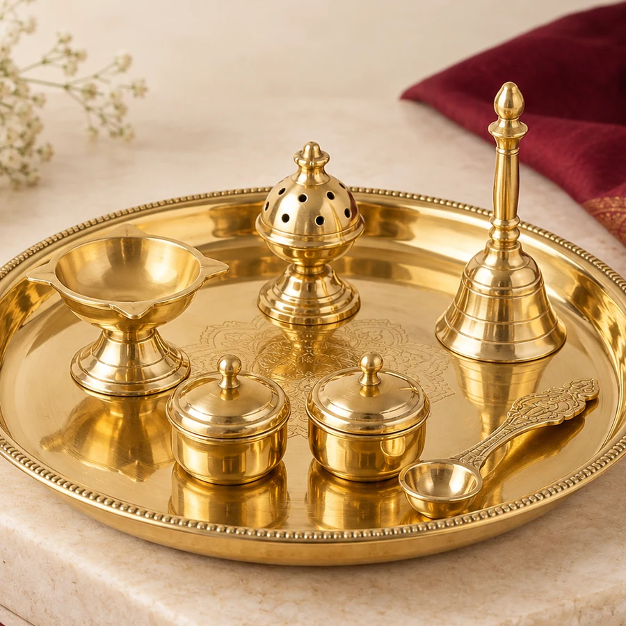 Brass Pooja Thali Set — Coordinated Ritual Pieces — macro material detail; original illustrative product photography