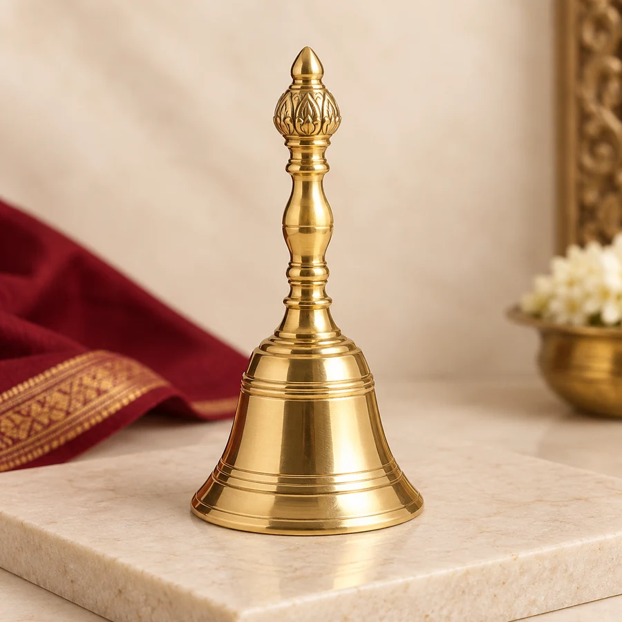 Brass Puja Bell — Traditional Hand Bell — view 1 Brass Puja Bell — Traditional Hand Bell — full product view; original illustrative product photography