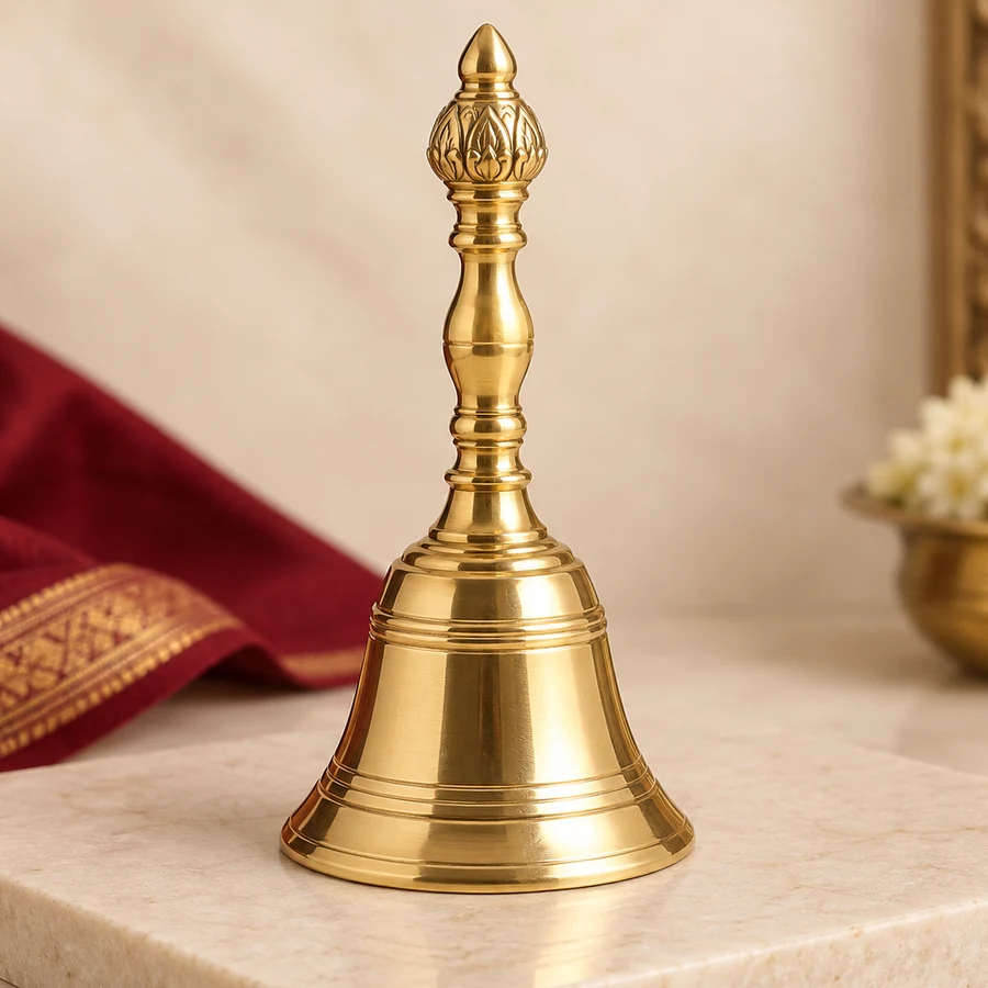 Brass Puja Bell — Traditional Hand Bell — closer product detail; original illustrative product photography