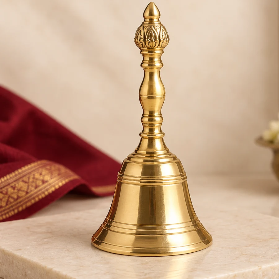 Brass Puja Bell — Traditional Hand Bell — left-framed detail; original illustrative product photography