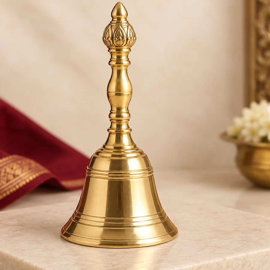 Brass Puja Bell — Traditional Hand Bell — right-framed detail; original illustrative product photography