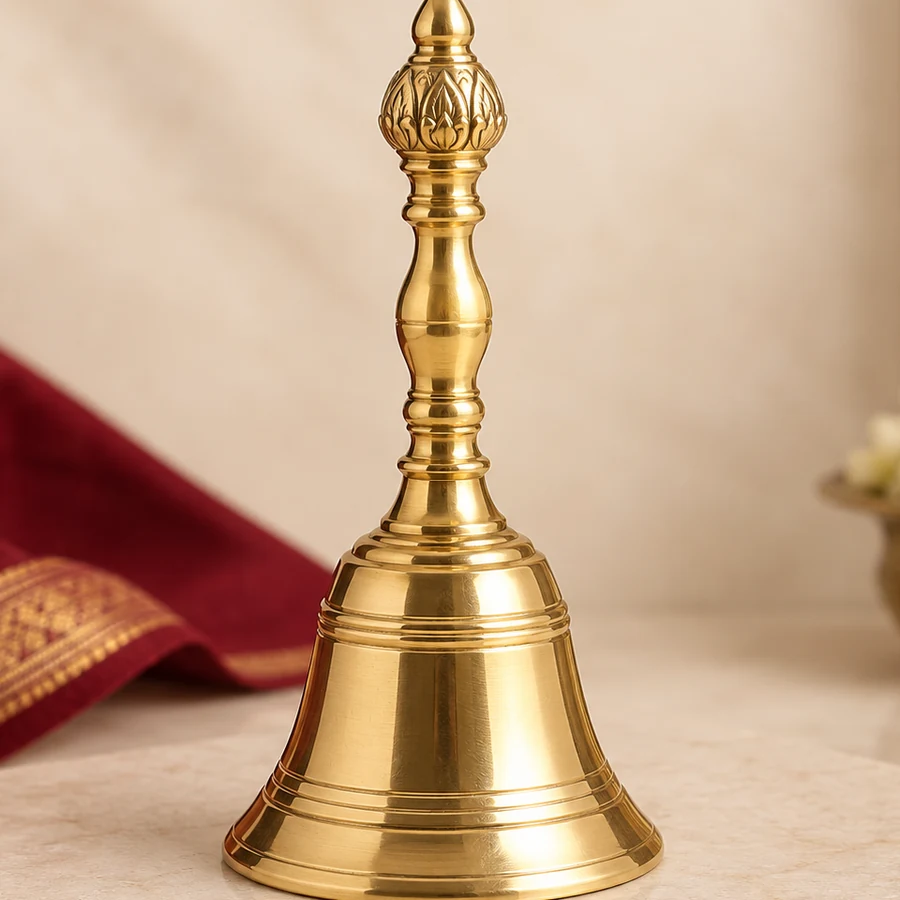 Brass Puja Bell — Traditional Hand Bell — macro material detail; original illustrative product photography