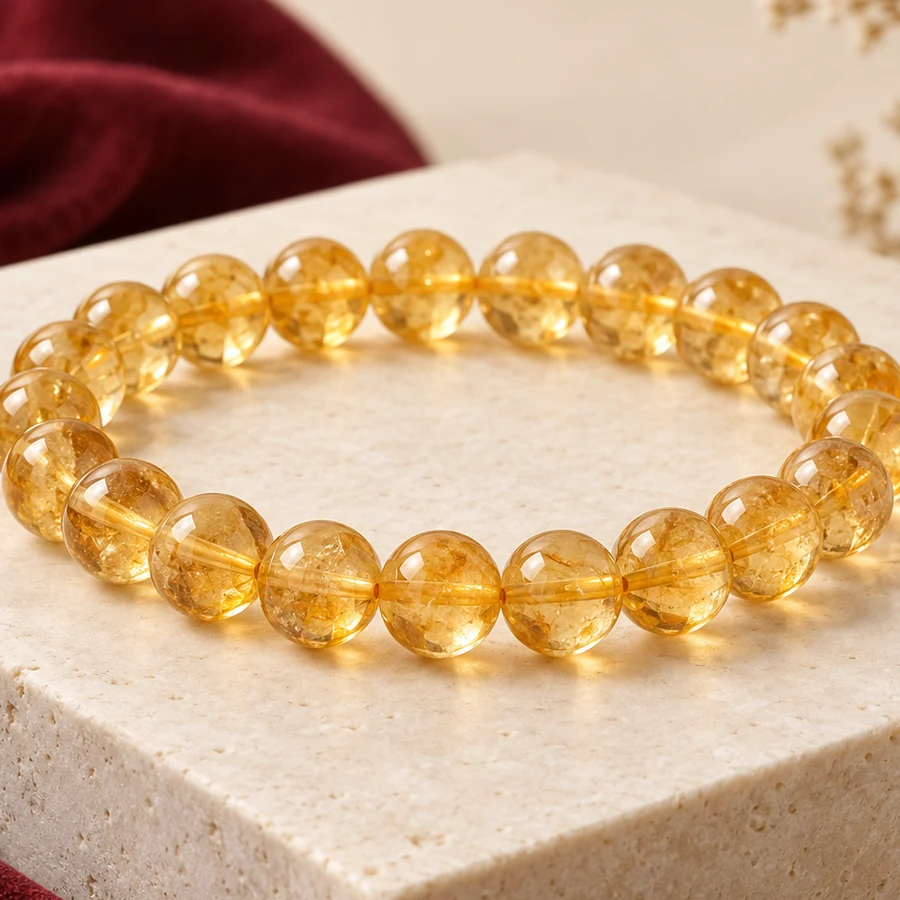 Citrine Crystal Bracelet — Golden Quartz Beads — macro material detail; original illustrative product photography