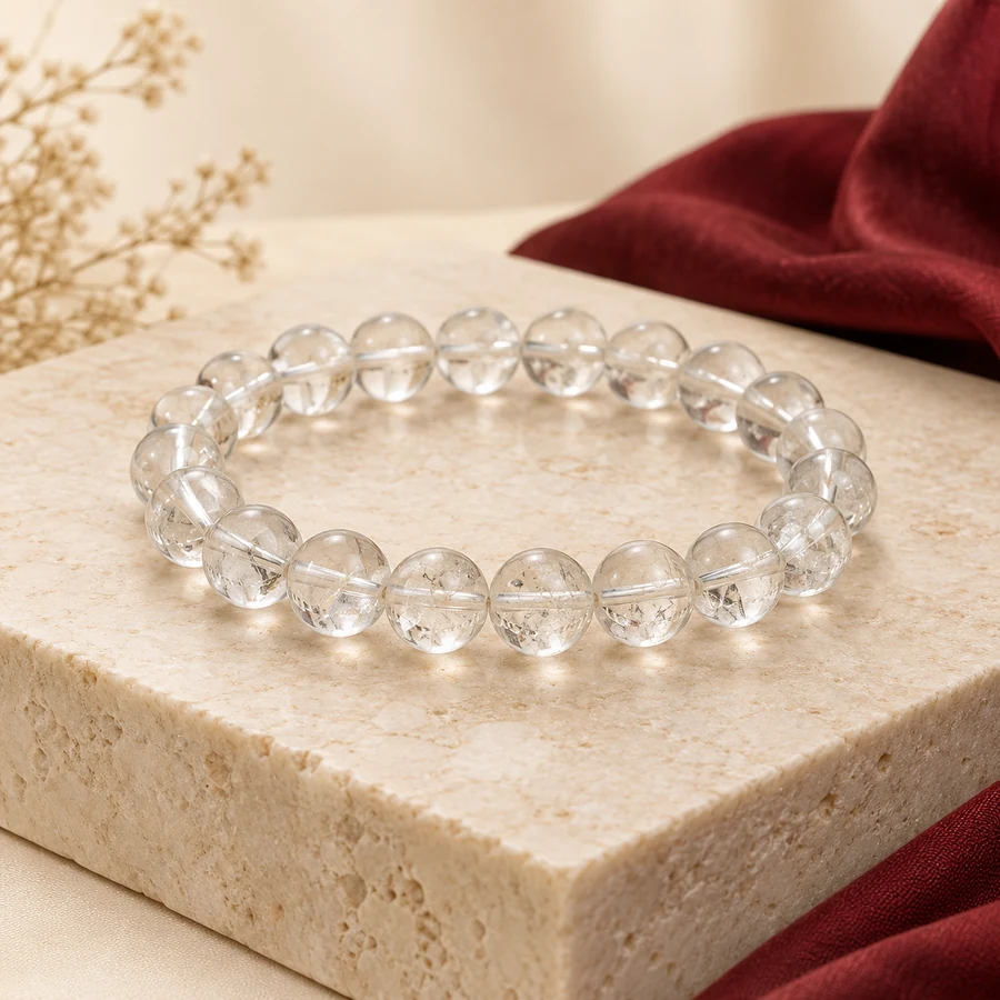 Clear Quartz Bracelet — Polished Crystal Beads — full product view; original illustrative product photography