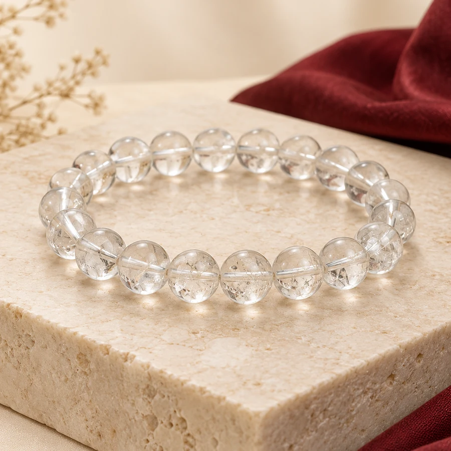 Clear Quartz Bracelet — Polished Crystal Beads — closer product detail; original illustrative product photography