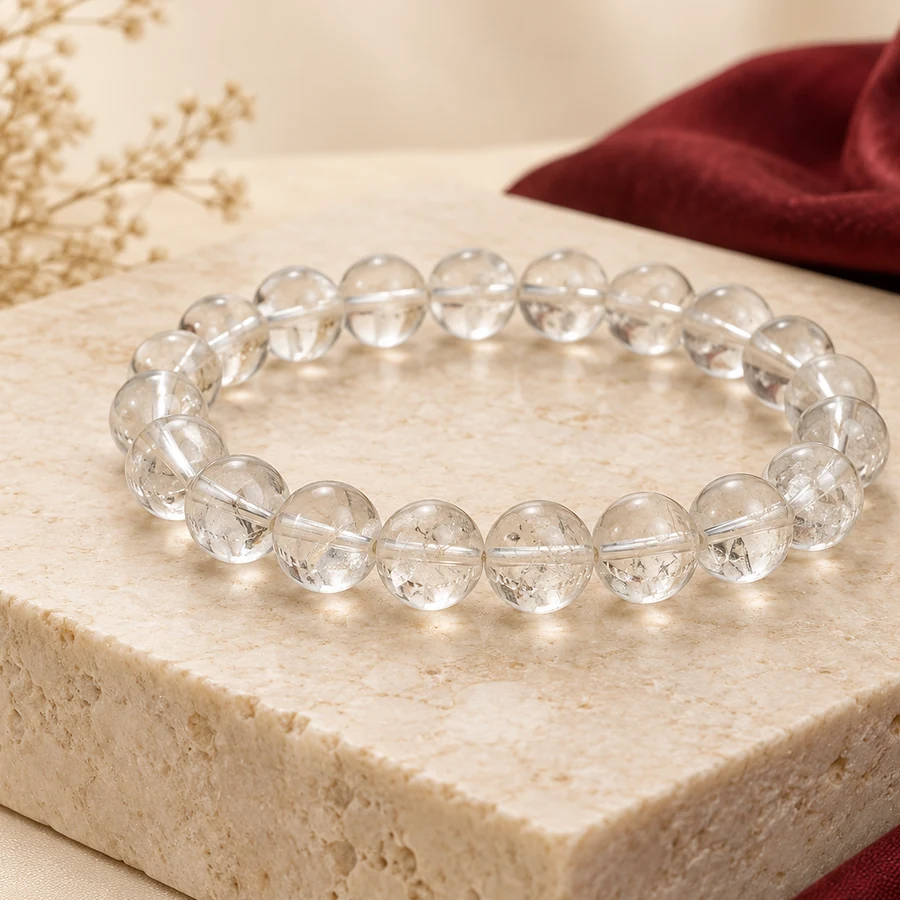 Clear Quartz Bracelet — Polished Crystal Beads — left-framed detail; original illustrative product photography