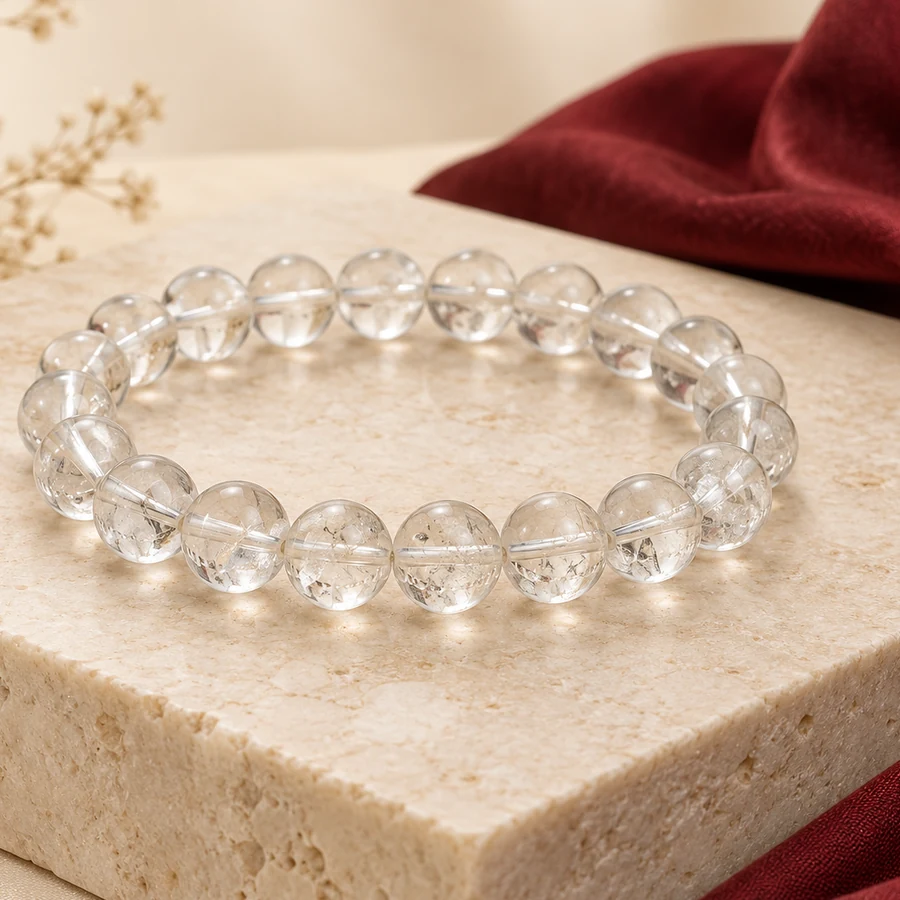 Clear Quartz Bracelet — Polished Crystal Beads — right-framed detail; original illustrative product photography