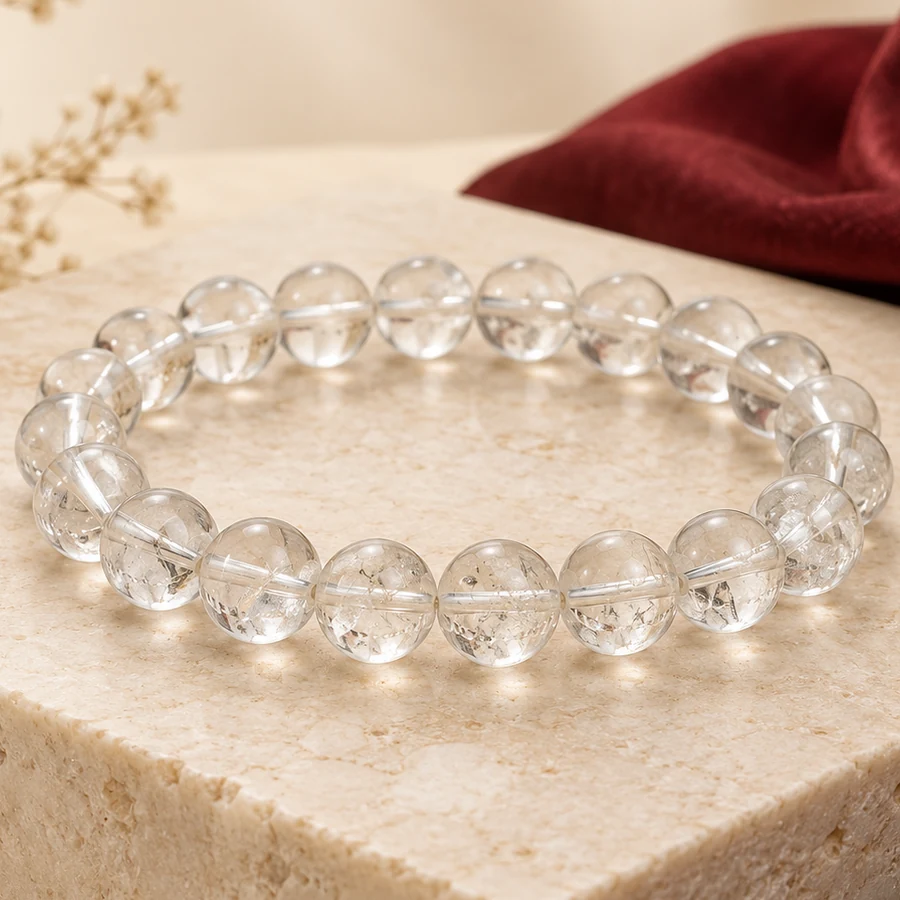 Clear Quartz Bracelet — Polished Crystal Beads — macro material detail; original illustrative product photography