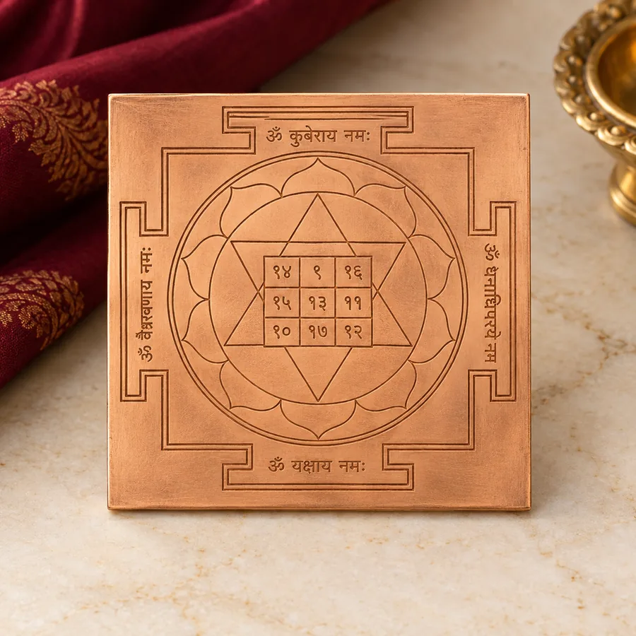 Copper Kuber Yantra — Etched Devotional Plate — full product view; original illustrative product photography