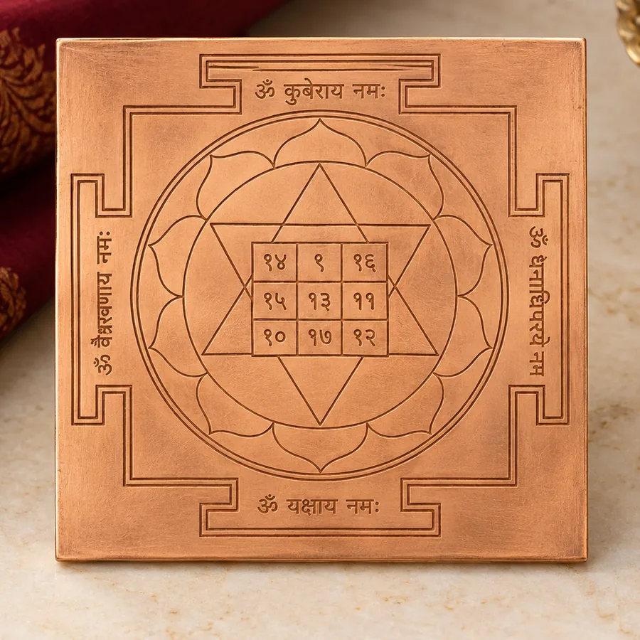 Copper Kuber Yantra — Etched Devotional Plate — closer product detail; original illustrative product photography