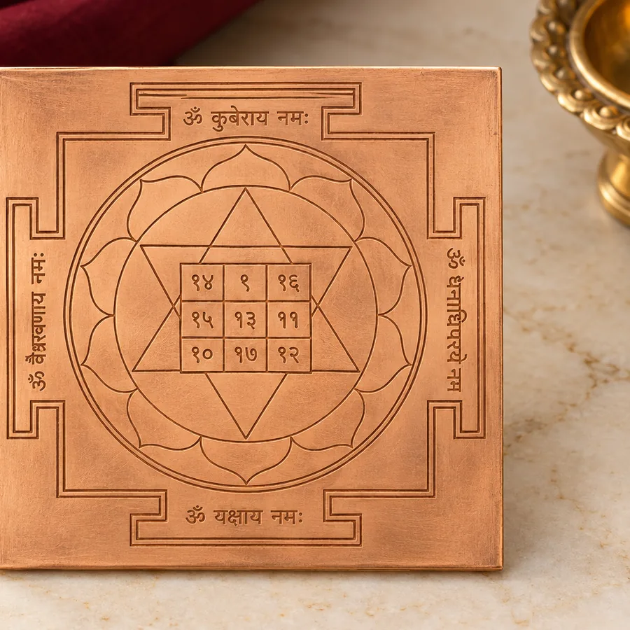 Copper Kuber Yantra — Etched Devotional Plate — right-framed detail; original illustrative product photography