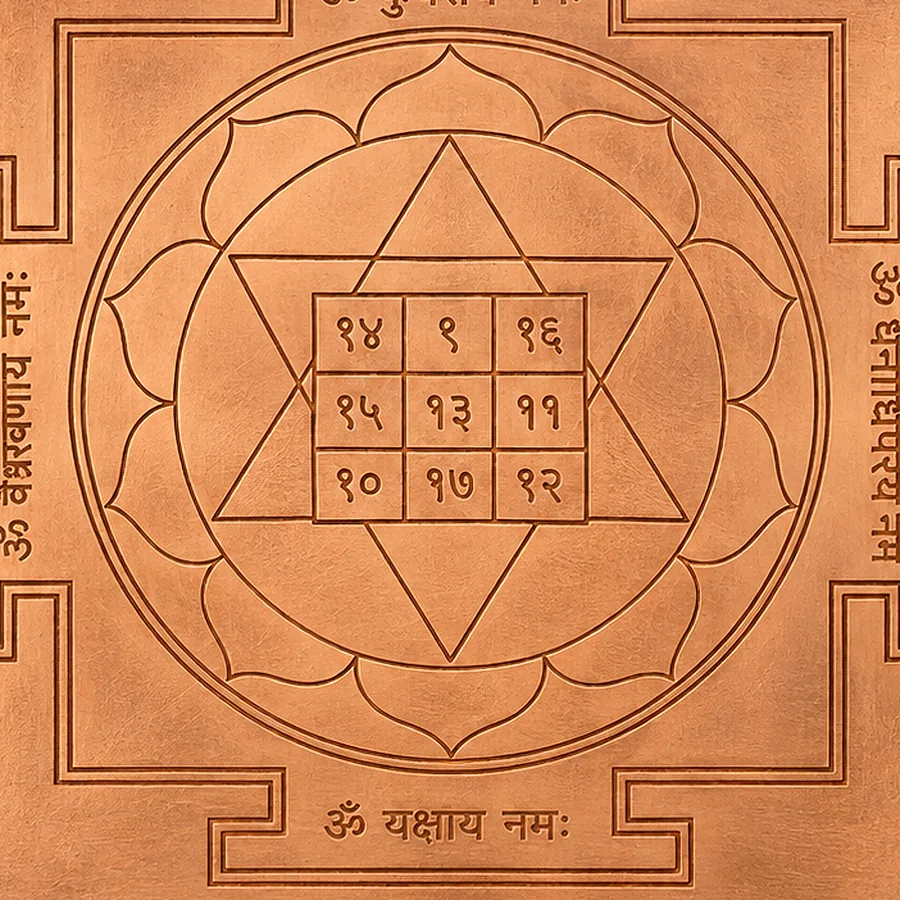 Copper Kuber Yantra — Etched Devotional Plate — macro material detail; original illustrative product photography