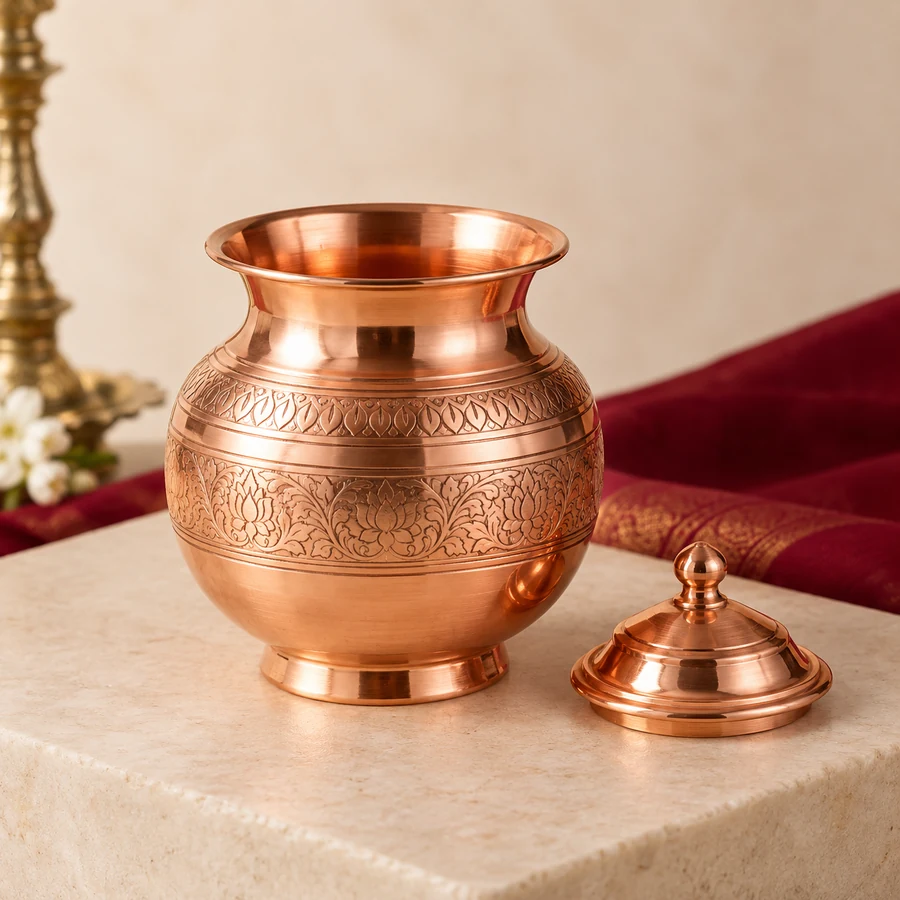 Copper Puja Kalash — Engraved Ritual Vessel — view 1 Copper Puja Kalash — Engraved Ritual Vessel — full product view; original illustrative product photography