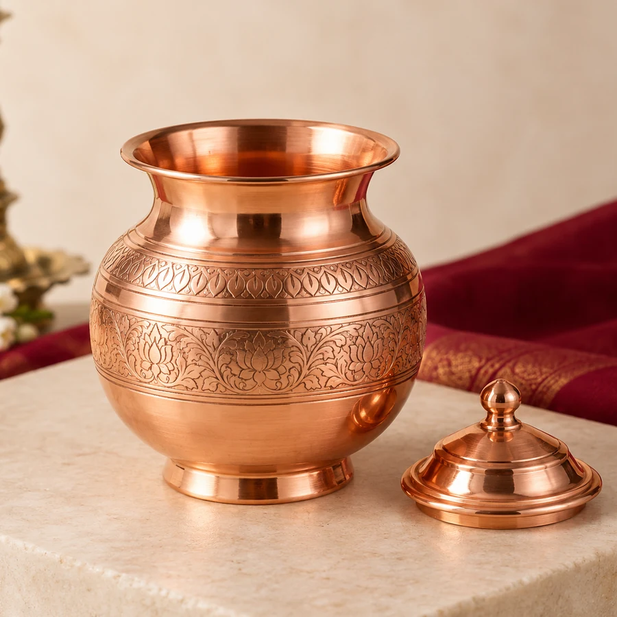 Copper Puja Kalash — Engraved Ritual Vessel — closer product detail; original illustrative product photography