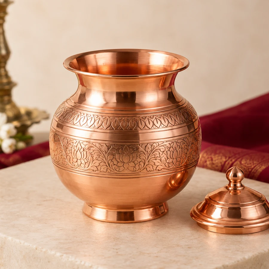 Copper Puja Kalash — Engraved Ritual Vessel — left-framed detail; original illustrative product photography