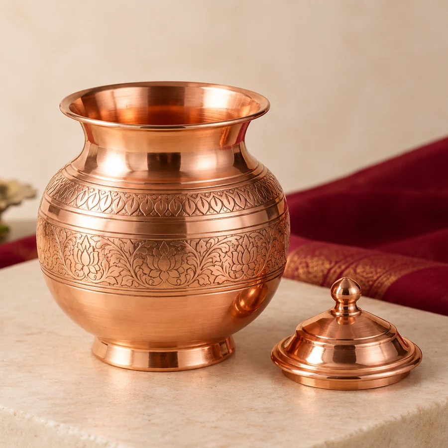 Copper Puja Kalash — Engraved Ritual Vessel — right-framed detail; original illustrative product photography