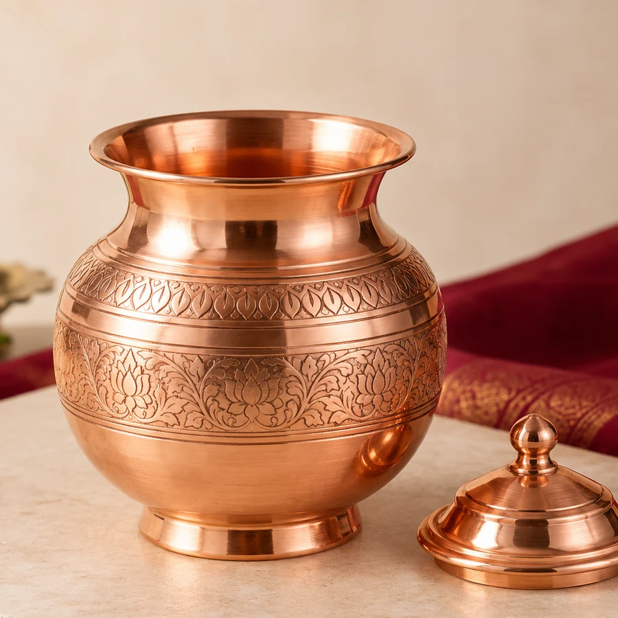 Copper Puja Kalash — Engraved Ritual Vessel — macro material detail; original illustrative product photography