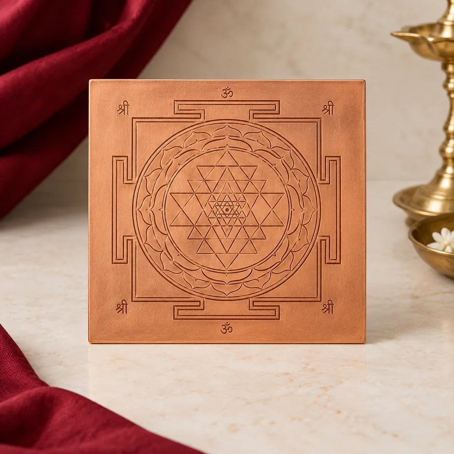 Copper Shri Yantra — Etched Meditation Plate — full product view; original illustrative product photography