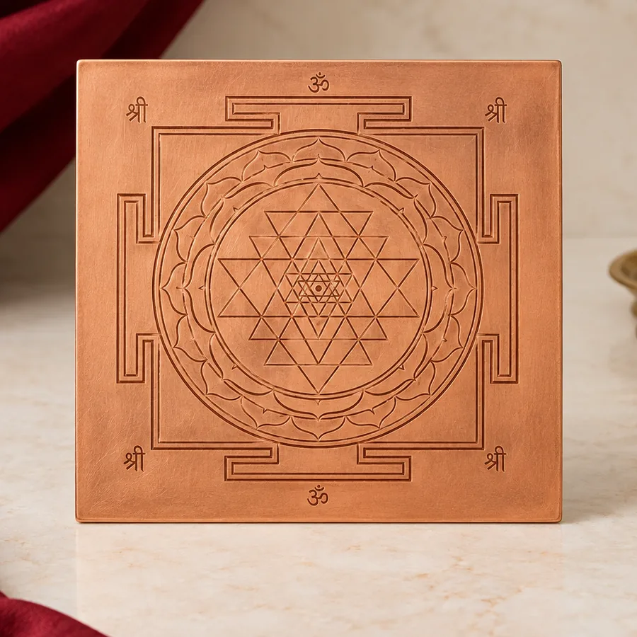 Copper Shri Yantra — Etched Meditation Plate — closer product detail; original illustrative product photography