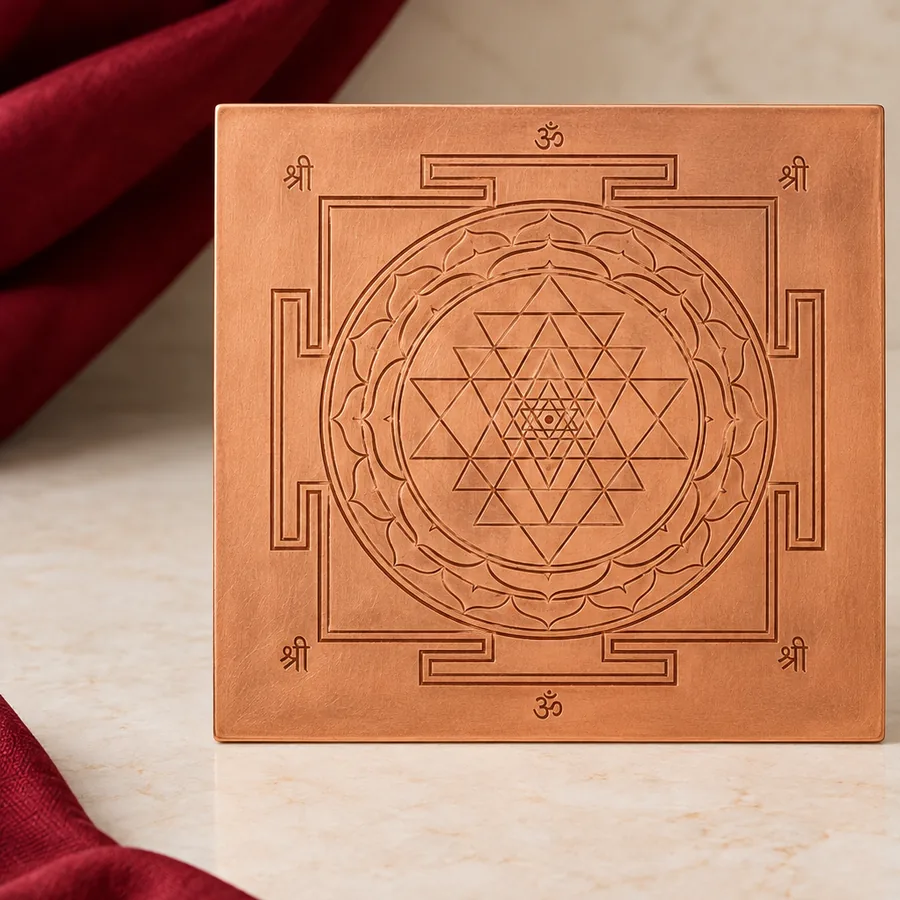 Copper Shri Yantra — Etched Meditation Plate — left-framed detail; original illustrative product photography