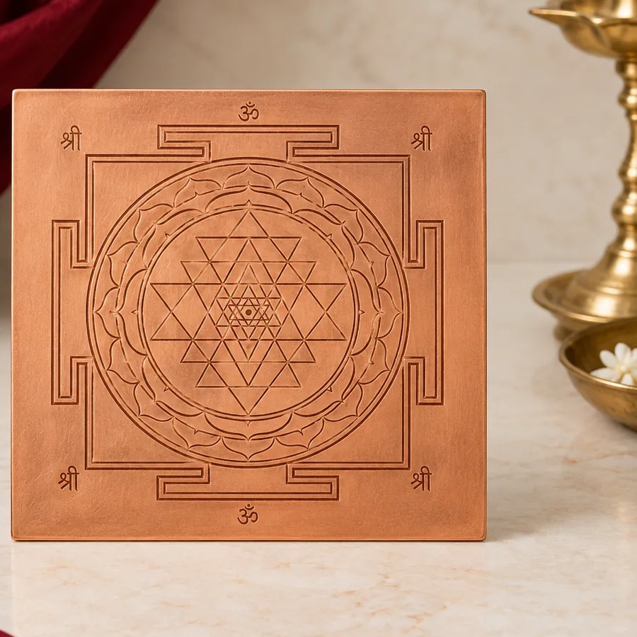 Copper Shri Yantra — Etched Meditation Plate — right-framed detail; original illustrative product photography