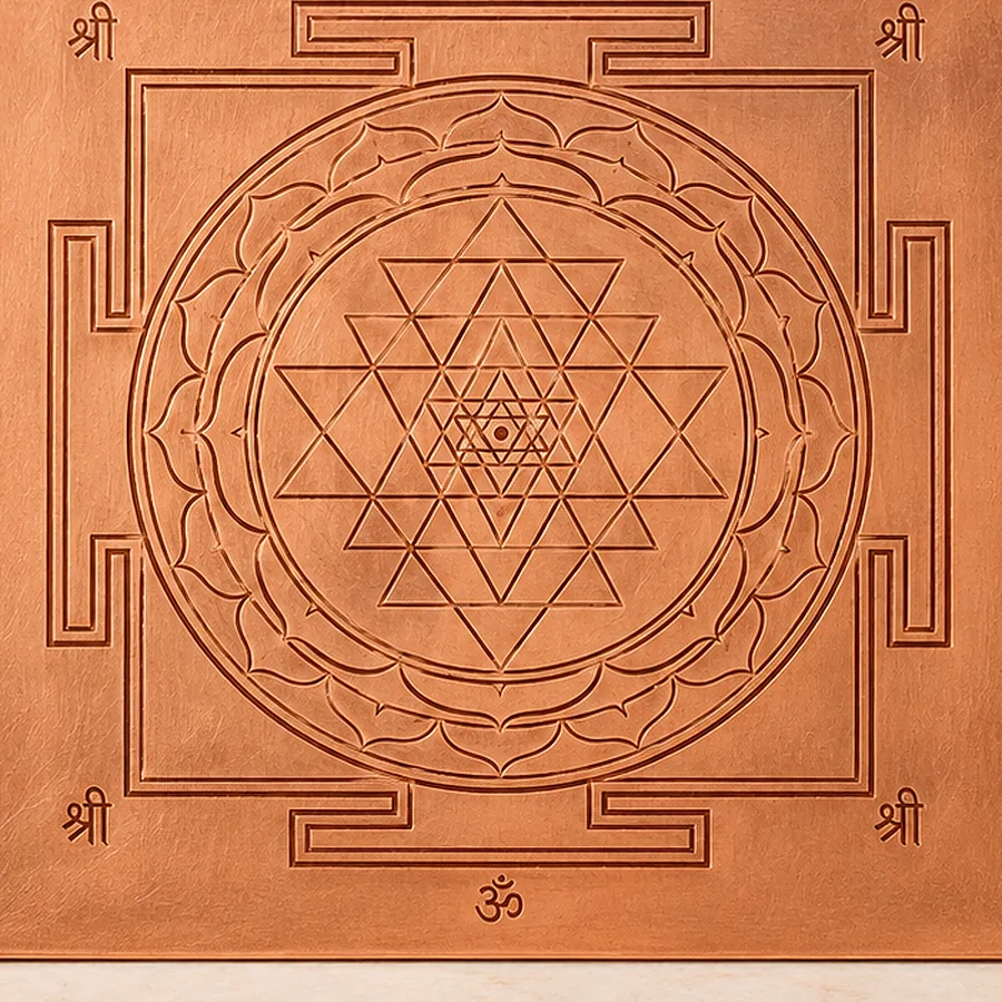 Copper Shri Yantra — Etched Meditation Plate — macro material detail; original illustrative product photography