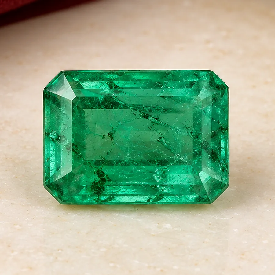 Emerald (Panna) — Loose Gemstone — macro material detail; original illustrative product photography