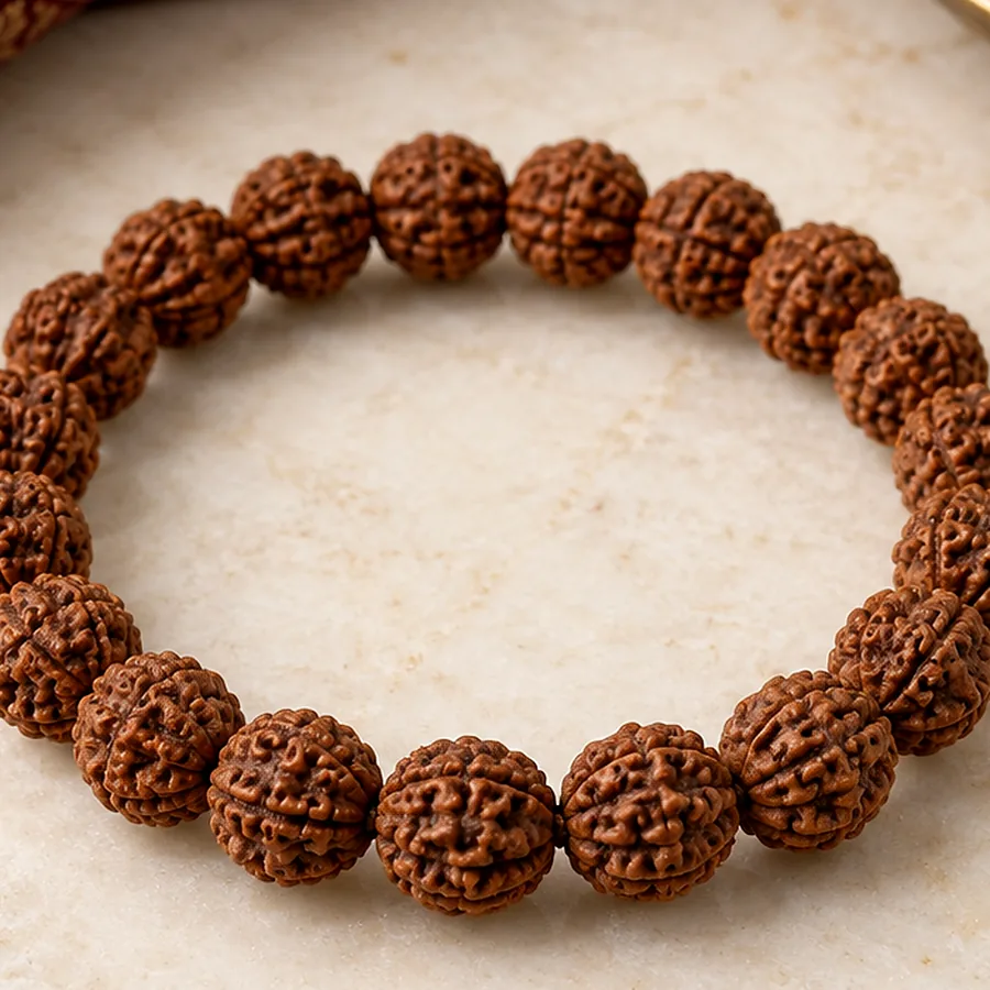 5 Mukhi Rudraksha Bracelet — Natural Beads — macro material detail; original illustrative product photography