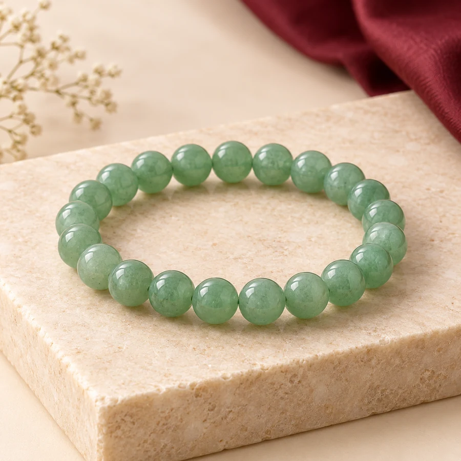 Green Aventurine Bracelet — Polished Stone Beads — full product view; original illustrative product photography
