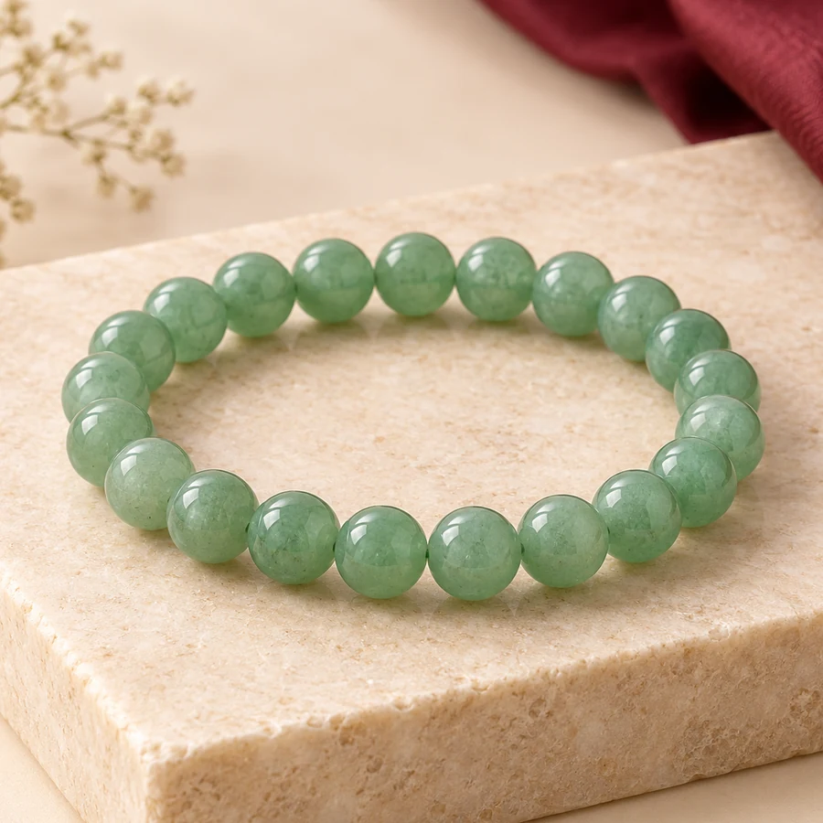 Green Aventurine Bracelet — Polished Stone Beads — closer product detail; original illustrative product photography