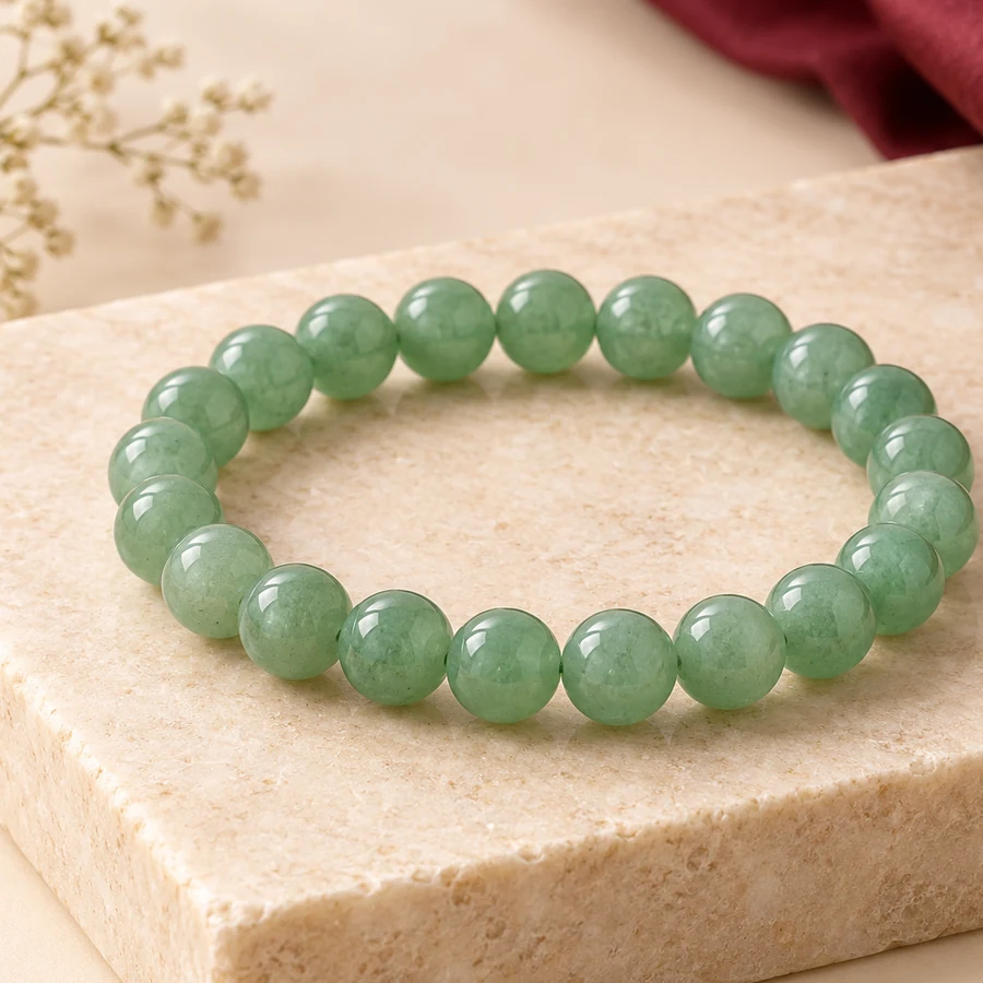 Green Aventurine Bracelet — Polished Stone Beads — left-framed detail; original illustrative product photography