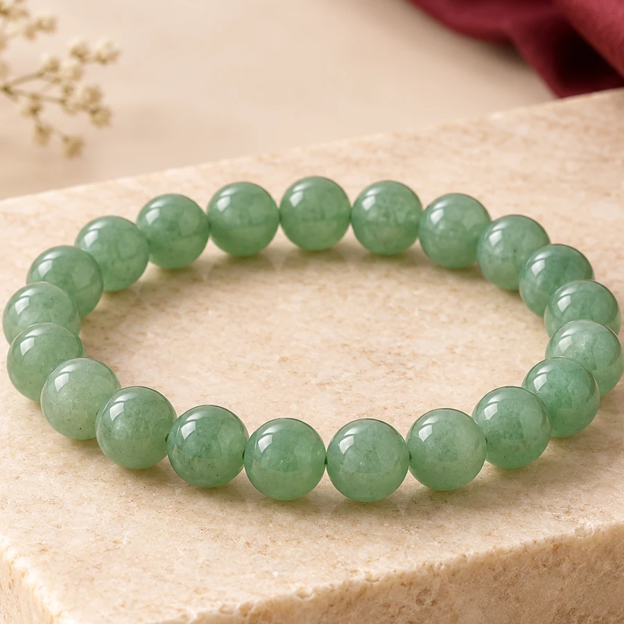 Green Aventurine Bracelet — Polished Stone Beads — macro material detail; original illustrative product photography