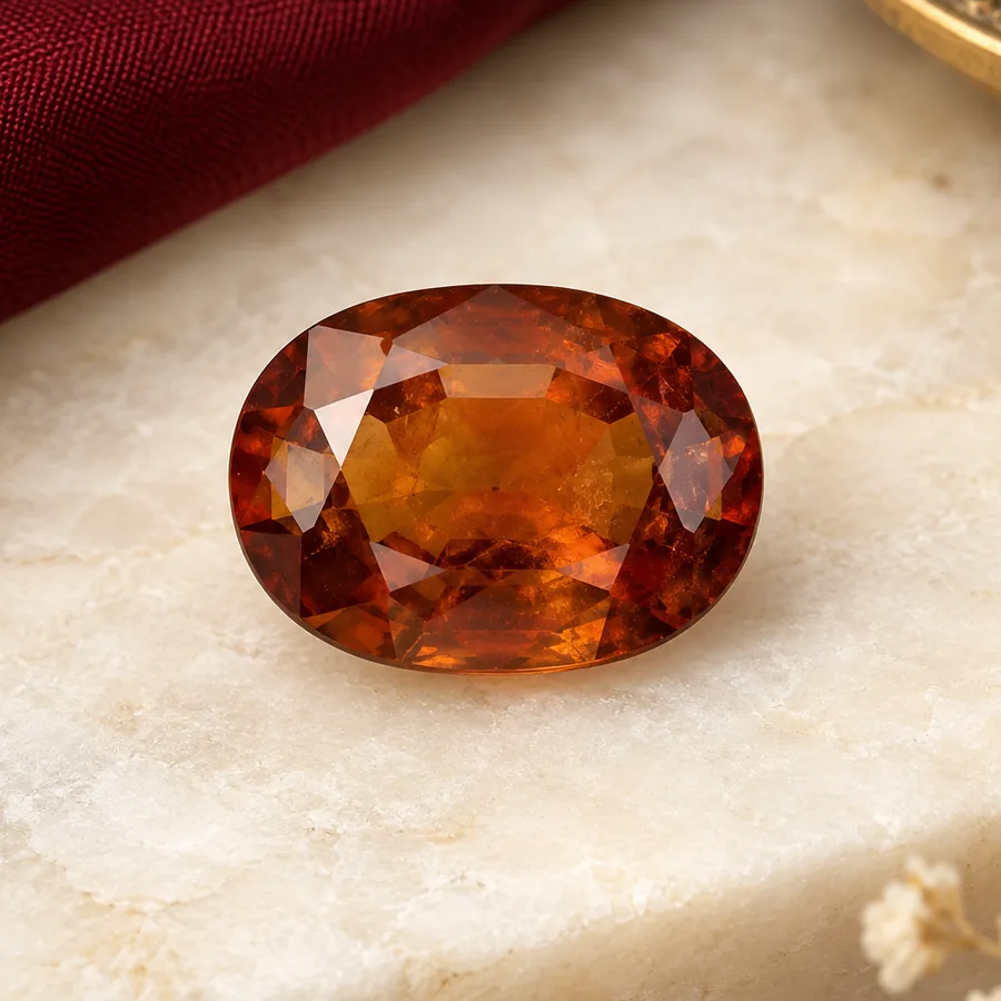 Hessonite Garnet (Gomed) — Loose Gemstone — closer product detail; original illustrative product photography