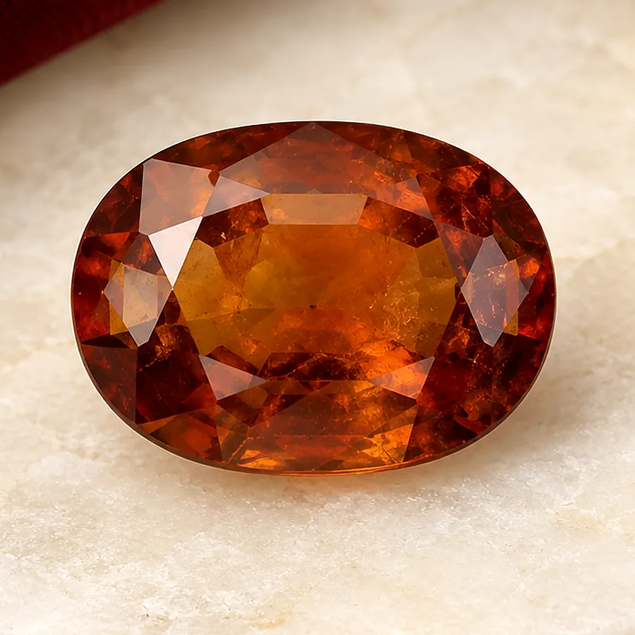 Hessonite Garnet (Gomed) — Loose Gemstone — macro material detail; original illustrative product photography