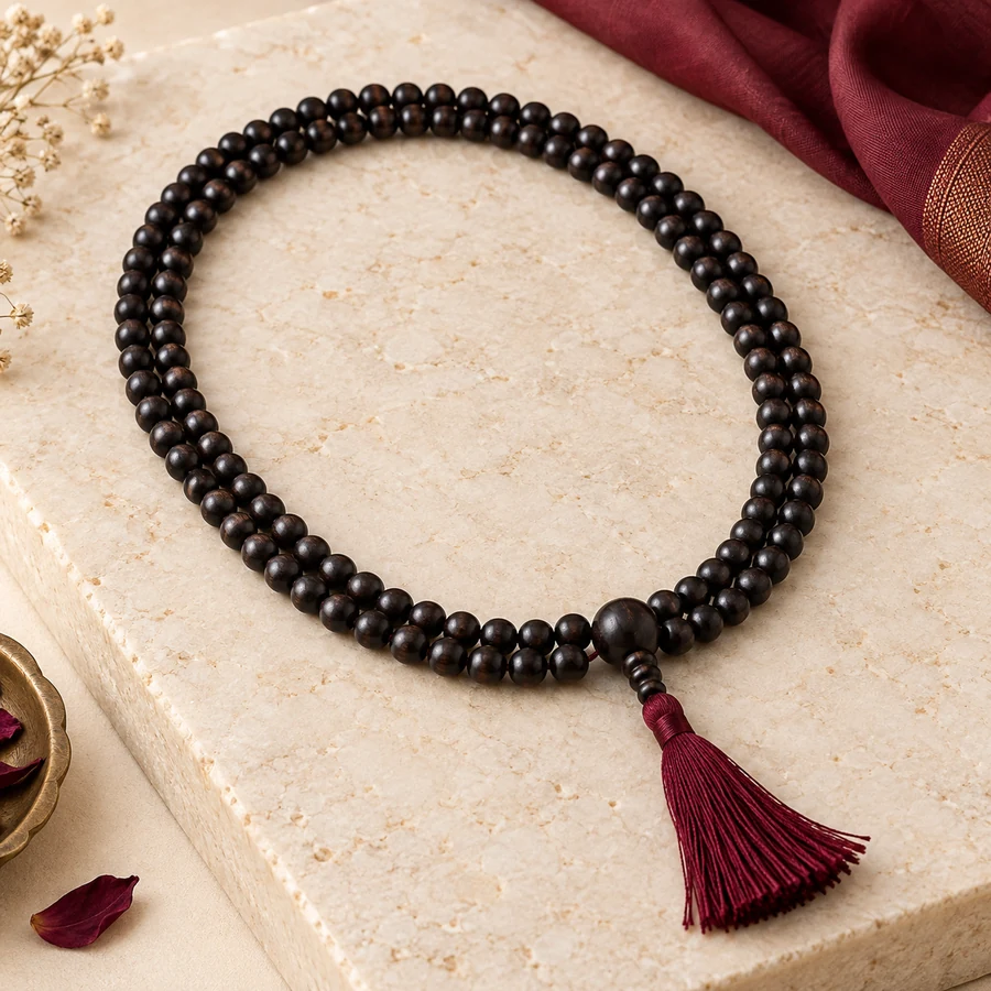 Karungali Japa Mala — 108 Ebony Wood Beads — full product view; original illustrative product photography
