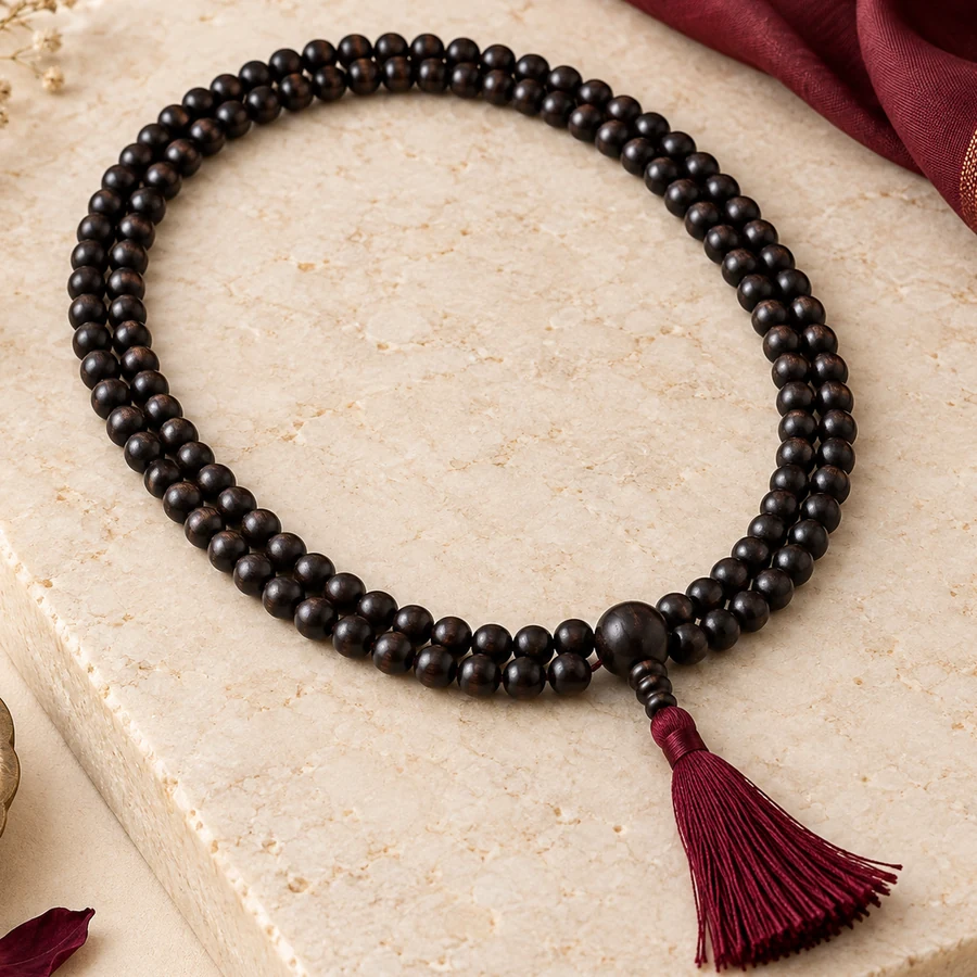 Karungali Japa Mala — 108 Ebony Wood Beads — closer product detail; original illustrative product photography