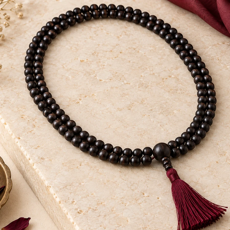 Karungali Japa Mala — 108 Ebony Wood Beads — left-framed detail; original illustrative product photography