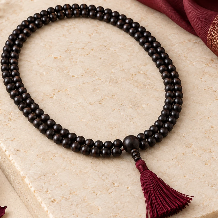 Karungali Japa Mala — 108 Ebony Wood Beads — right-framed detail; original illustrative product photography